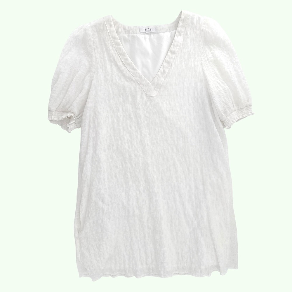 BB Dakota Steve Madden White Seersucker Puff Sleeve Mini Dress Women Large‎